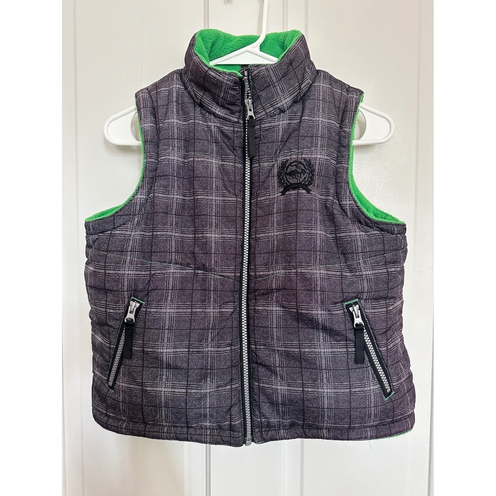 Cinch Kids Grey Black Plaid Puffer Vest Lime Green Fleece Lined Size S 6/8